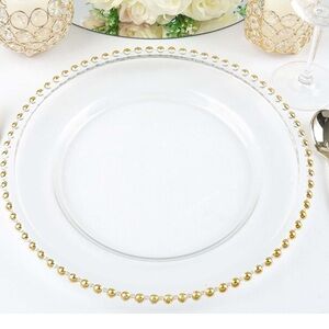 4     Clear  Charger Plate with Gold Beaded Rim